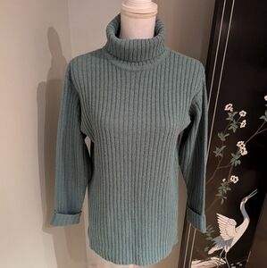 90s/Y2K Express Womens Small Loose Muted Teal Ribbed Knit Turtleneck Sweater